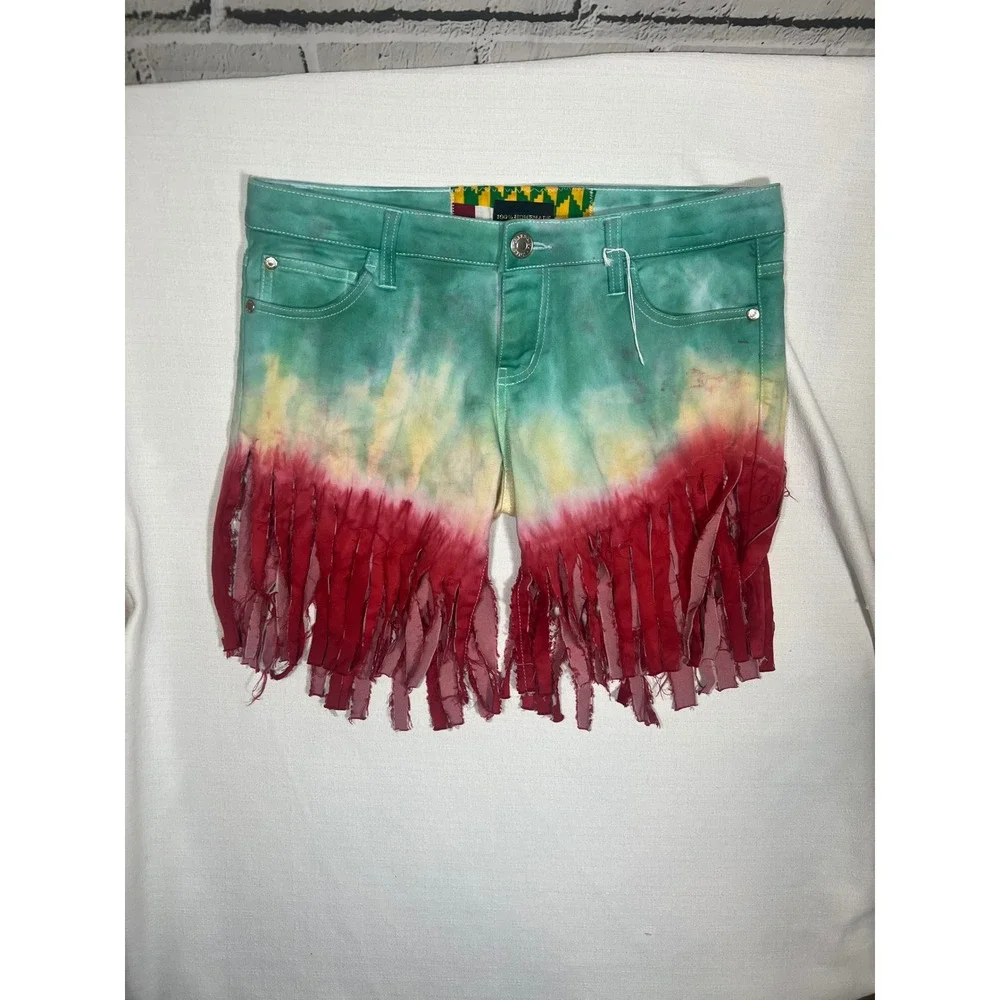 100% Homemade Tie Dye Fringe Denim Shorts Rasta Green Yellow Red Womens 32